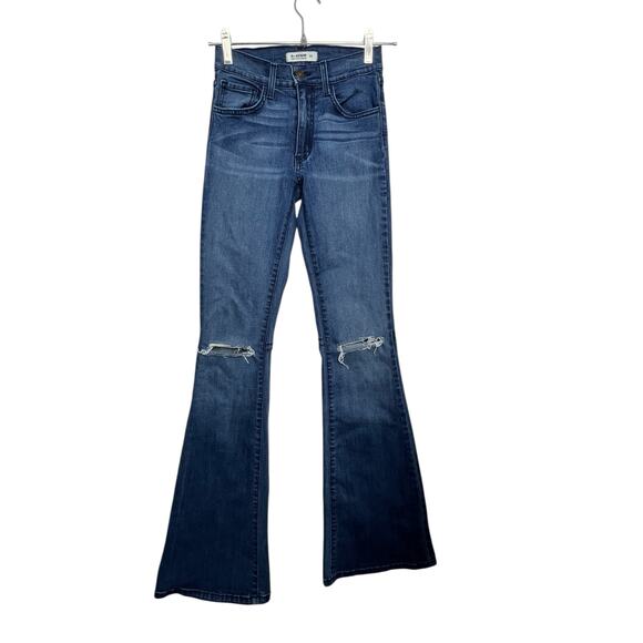 O2 Denim Flare Jeans Size 24 24x34 Distressed Knee High Rise Stretch Made in USA - Picture 1 of 9